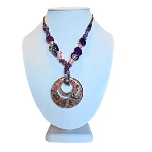 Vintage, Natural Amethyst Stone & Handcrafted Glass Design Pendant Necklace.